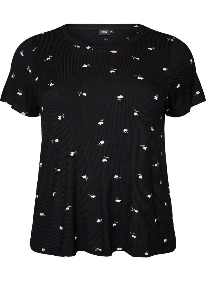 Pyjama top met bloemenprint en geribde textuur, Zwart, Packshot image number 0
