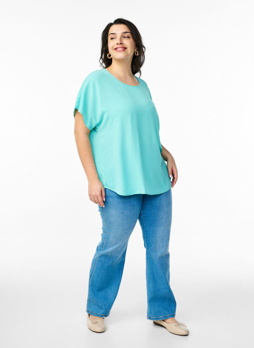 Chemisier &agrave; manches courtes et encolure ronde, Bleu Clair, Model image number 1