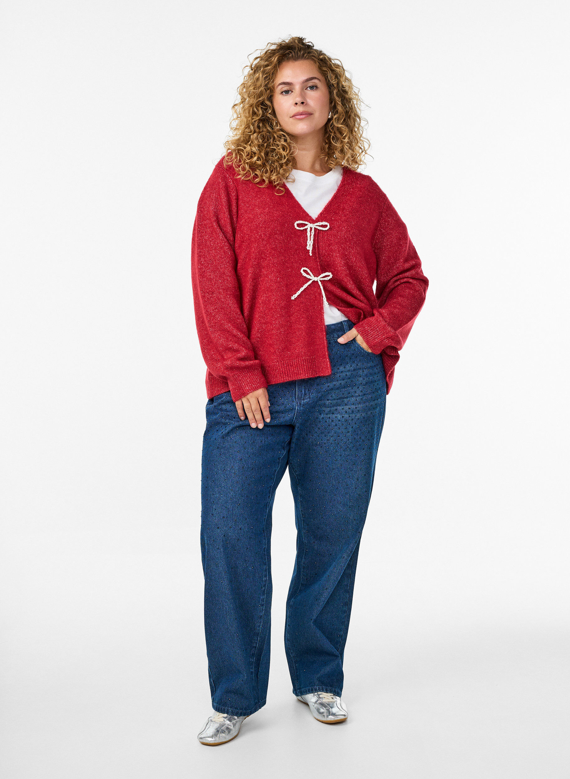 Straight-fit jeans met rhinestones en een hoge taille, Blauw, Model