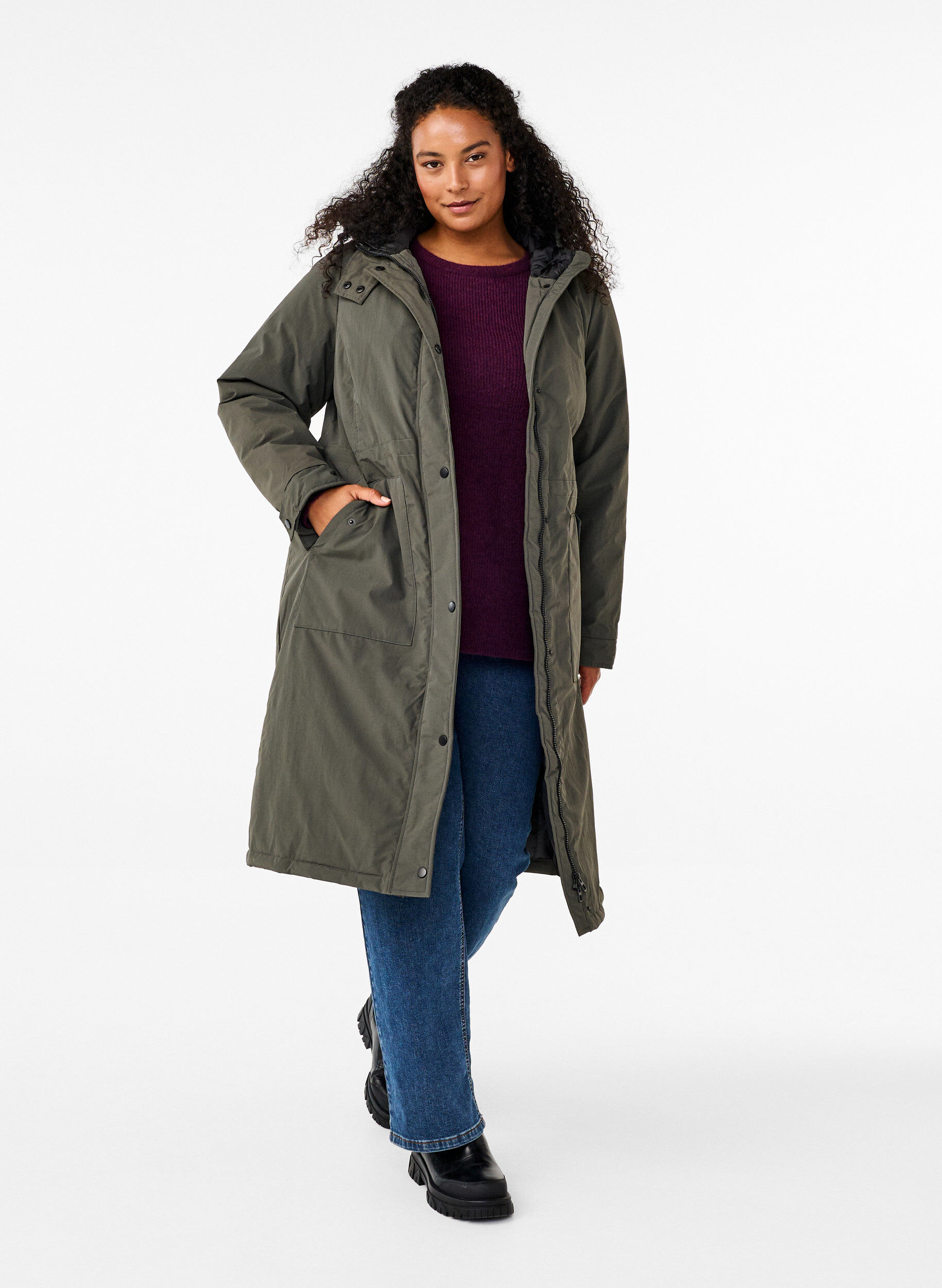 ZizziParka jas met kap en verstelbare taille, Black Olive, Model image number 1