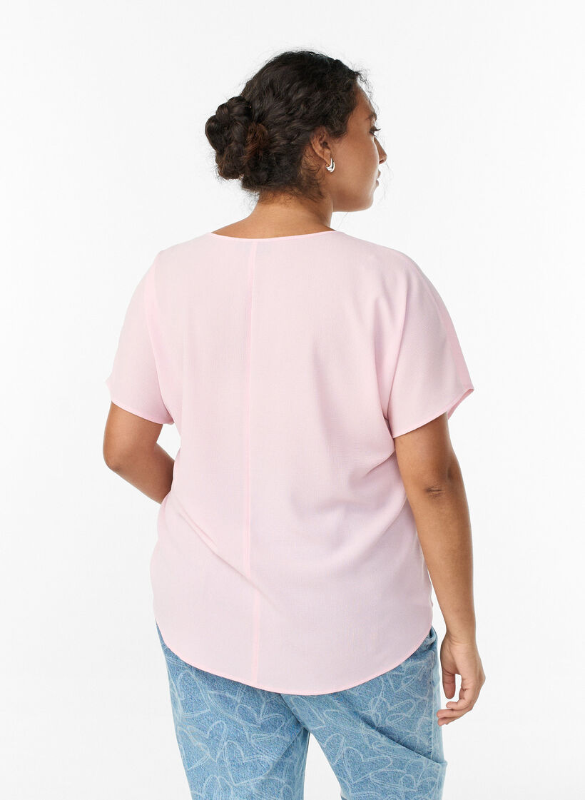 Blouse &agrave; manches courtes et encolure ronde, Rose, Model image number 2