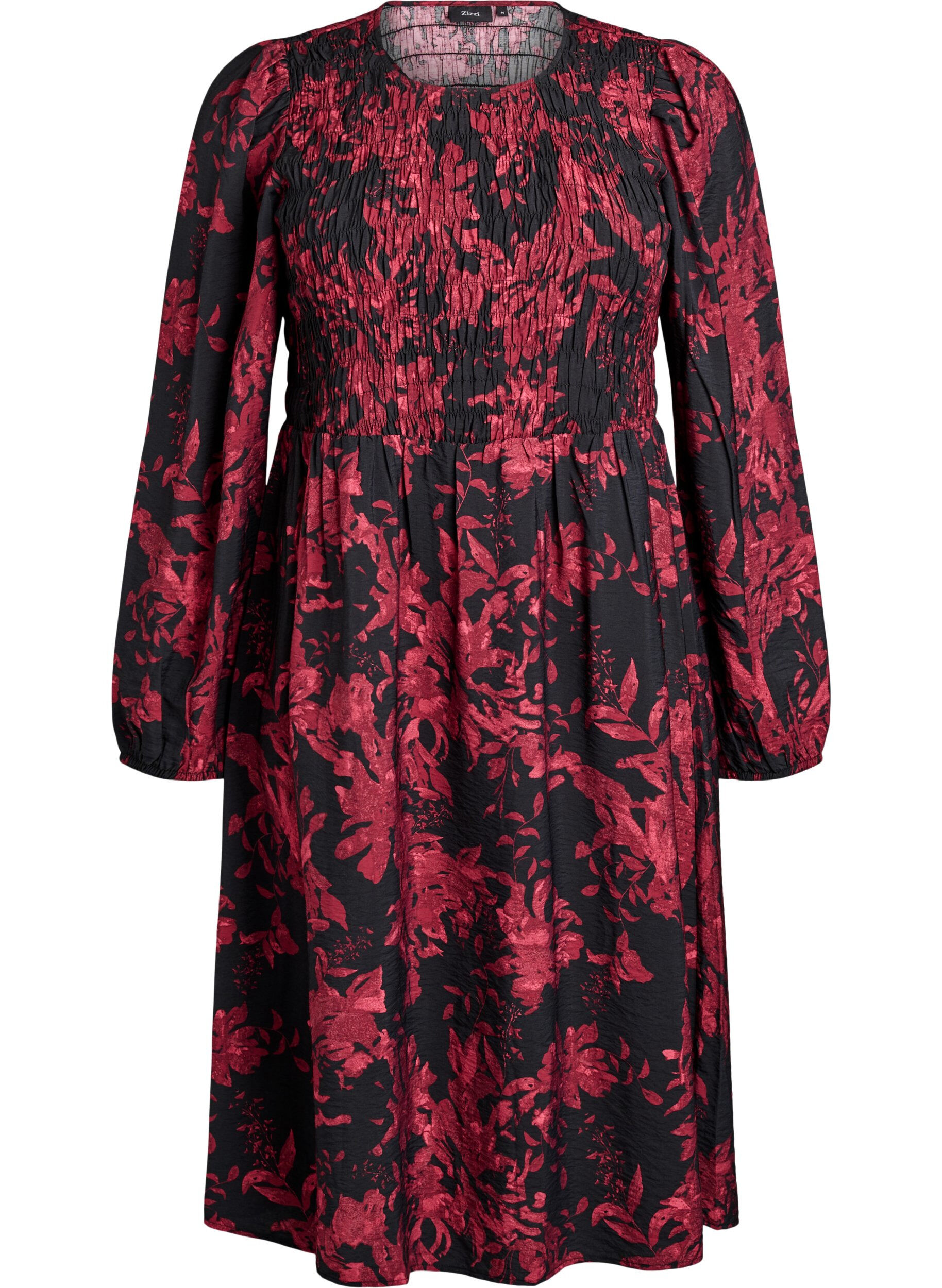 Zizzi Robe &agrave; fleurs avec haut smock&eacute;, Noir, Packshot image number 0