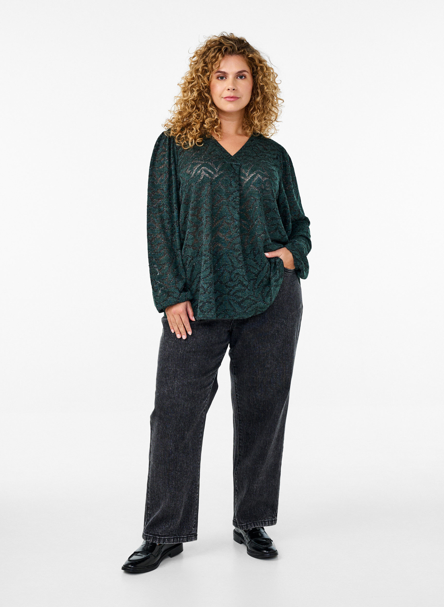 ZizziBlouse met lange mouwen met glitter en patroon, Groen, Model image number 1