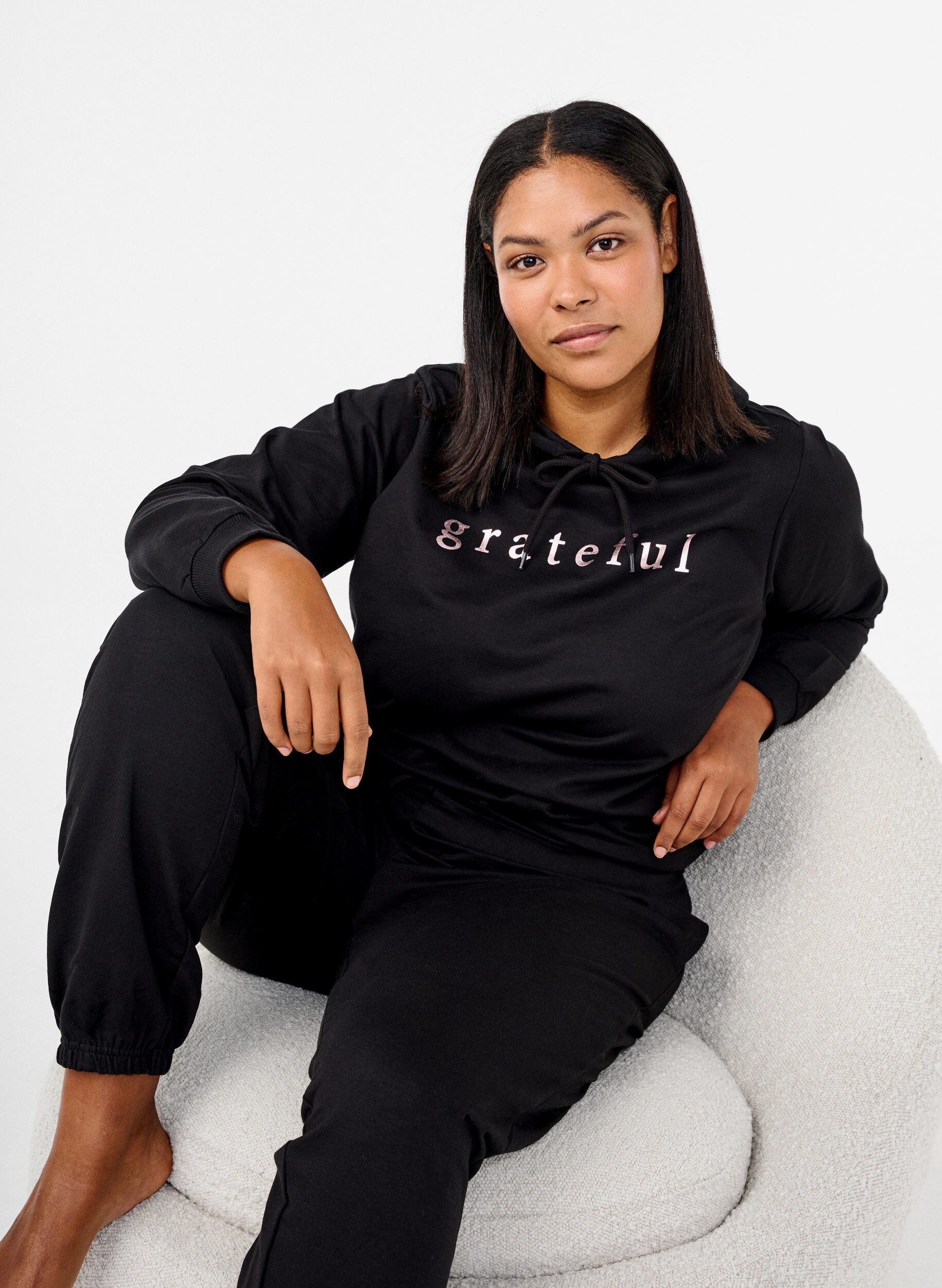 ZizziSweater met capuchon en print, Zwart, Image image number 0