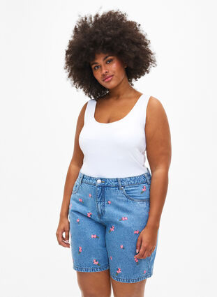 Shorts en jean avec des fleurs brodées, Light Blue AOP, Model image number 0