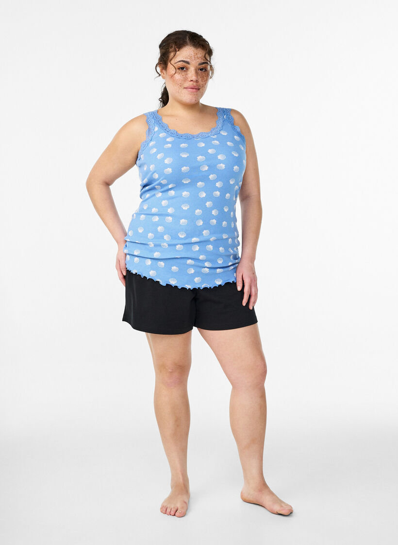 Top avec imprim&eacute; et bord en dentelle, Bleu, Model image number 1