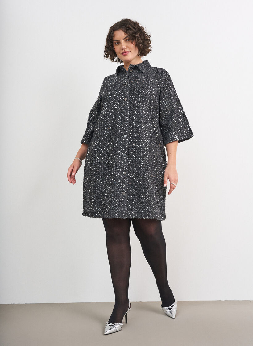Robe en denim avec sequins et manches 3/4, Noir, Model image number 1