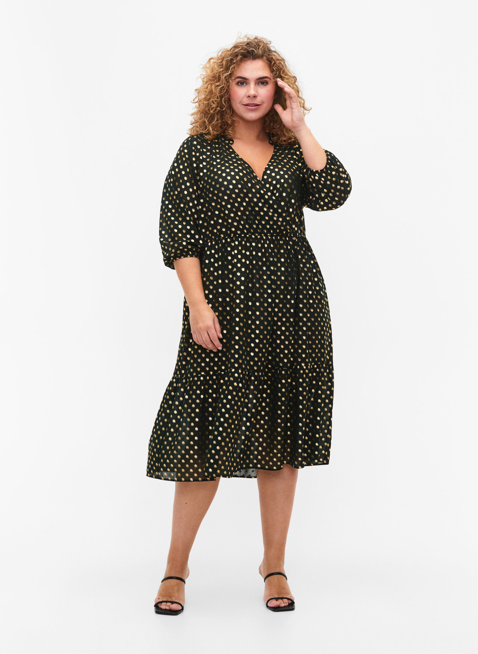 Zizzi Robe avec imprim&eacute; &agrave; pois et manches 3/4, Scarab w. Gold, Model image number 2