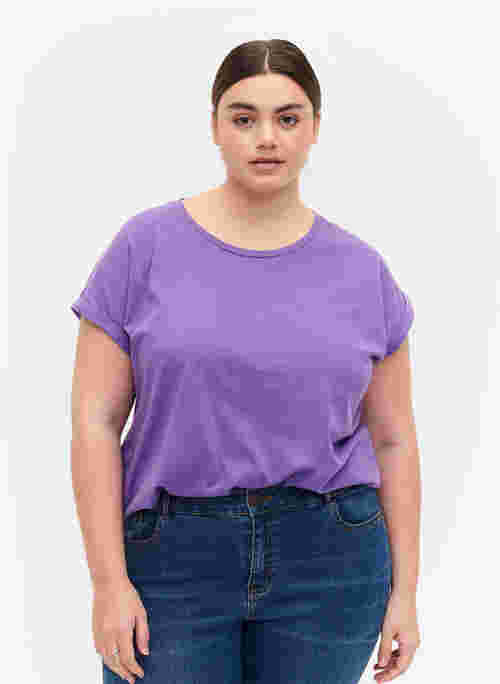 T-shirt met korte mouwen van katoenmix, Deep Lavender, Model