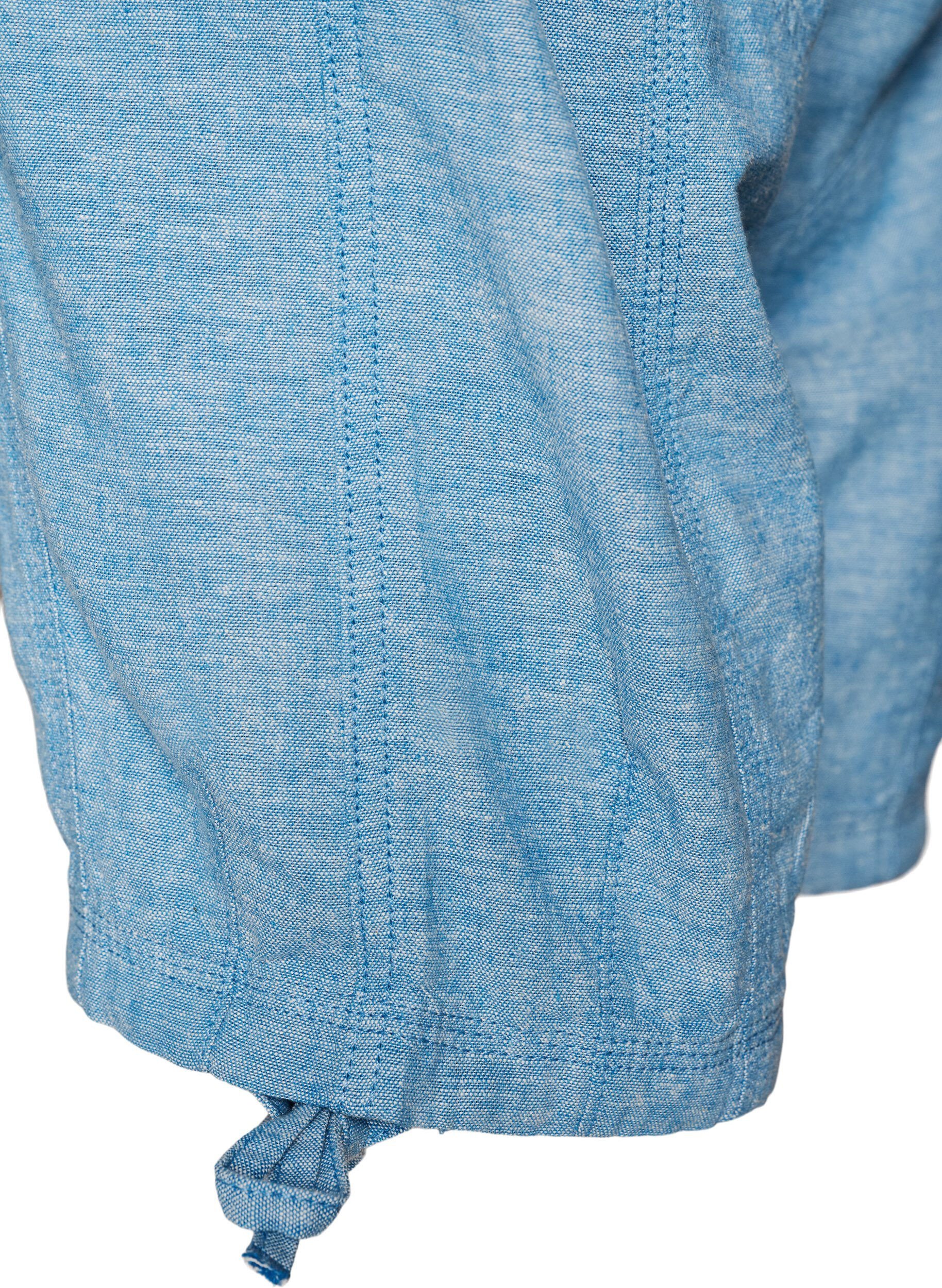 ZizziCapribroek van katoen en linnen met elastische taille en strikkoord, Blauw, Packshot image number 3