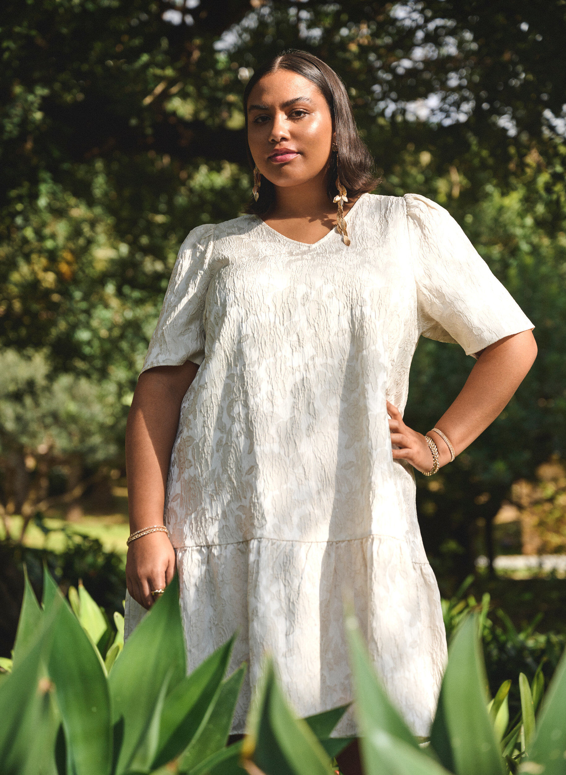 ZizziJacquard jurk tot op de knie met korte mouwen, Whisper White, Image image number 0