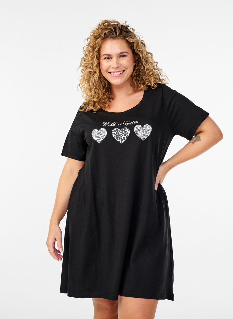 Chemise de nuit &agrave; manches courtes en coton biologique, Noir, Model image number 0