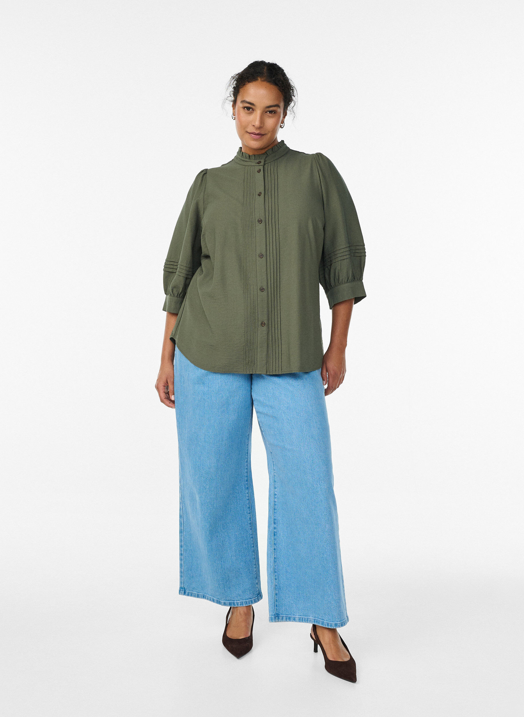 ZizziBlouse met 3/4 mouwen en decoratieve plooien, Groen, Model image number 1