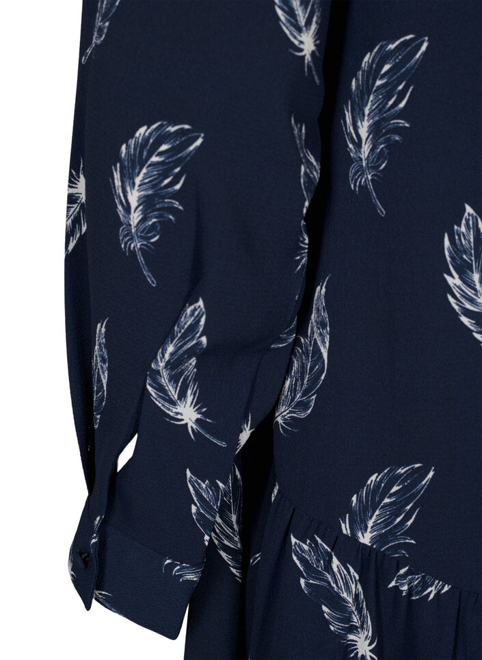 Robes midi &agrave; manches longues, Navy B. Feather AOP, Packshot image number 3