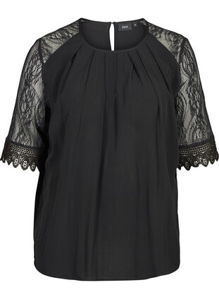 Viscose blouse met kanten mouwen, Black, Packshot image number 0
