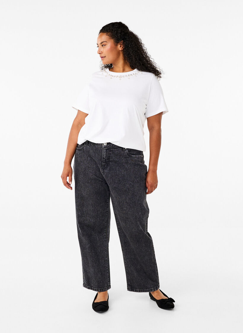 T-shirt à col rond et strass, Bright White, Model image number 2