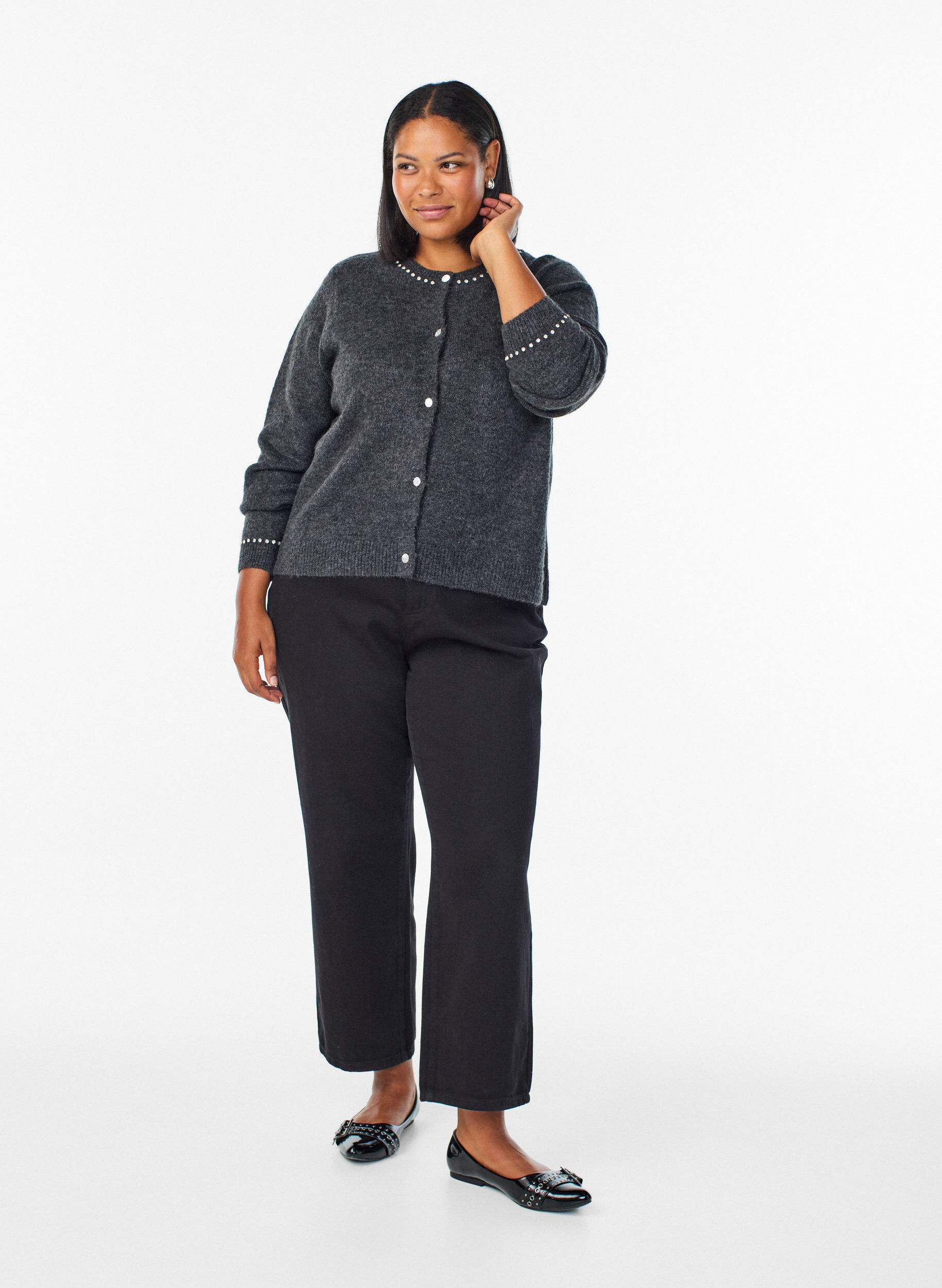 Zizzi Gilet avec strass et boutons d&eacute;coratifs, Gris anthracite, Model image number 1