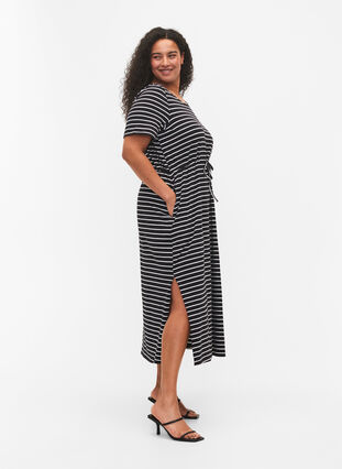 Katoenen midi-jurk met korte mouwen, Black Stripe, Model image number 2