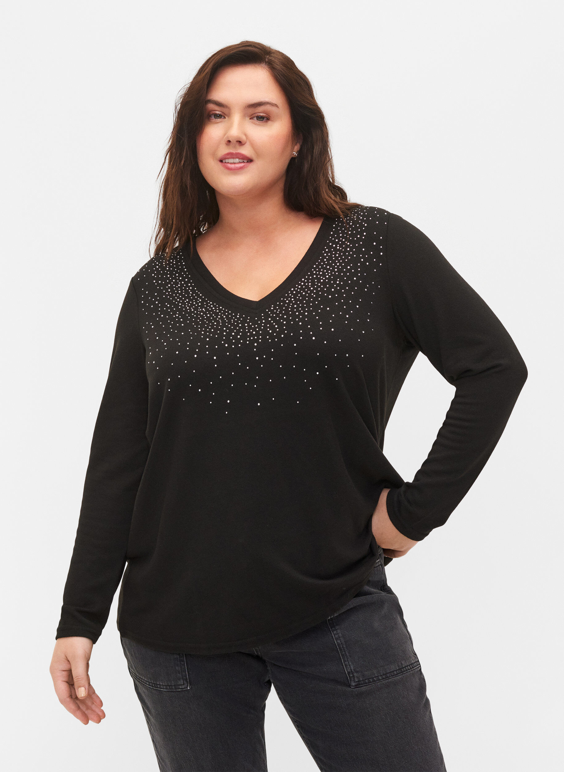 ZizziBlouse met similisteen en lange mouwen, Black, Model image number 0