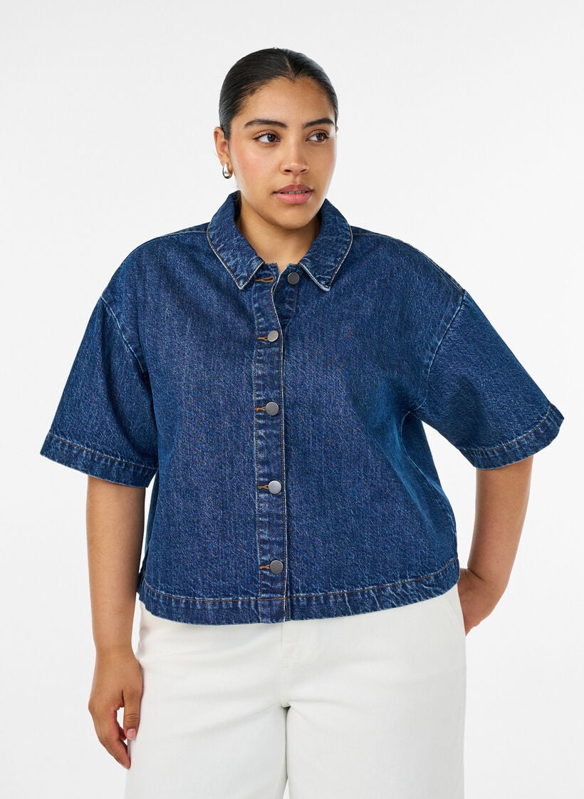 Veste en jean &agrave; manches courtes avec fermeture &agrave; boutons, Bleu, Model image number 0