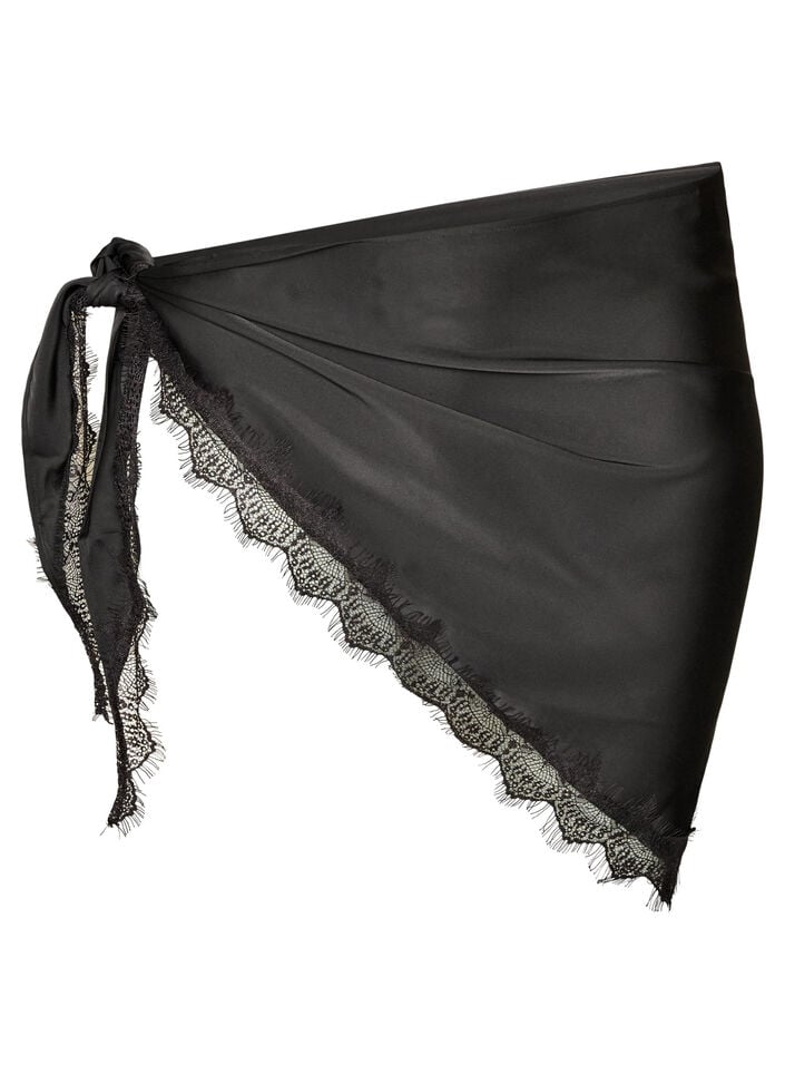 Foulard en satin avec ourlet en dentelle, Noir, Packshot image number 0