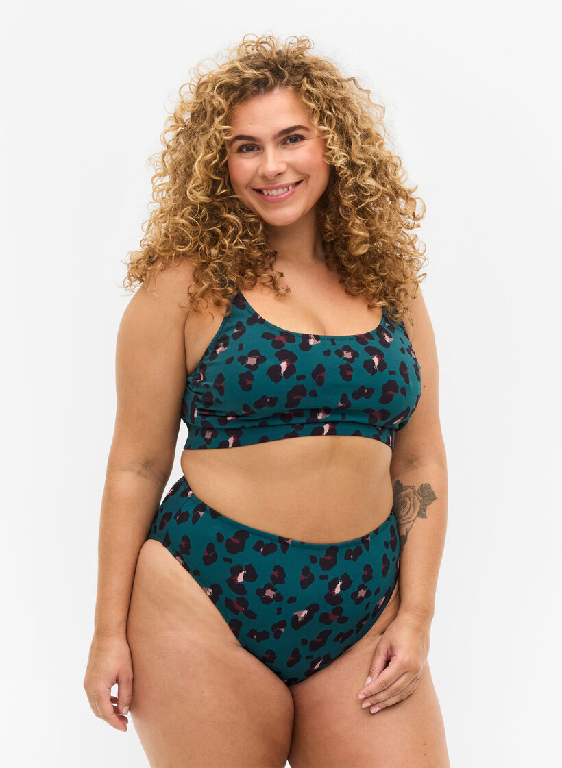 Bikinibroekje met hoge taille, Teal Leopard, Model image number 0