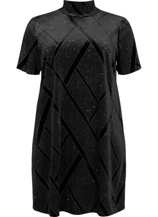 Fluwelen jurk met glitter en col, Black, Packshot image number 0