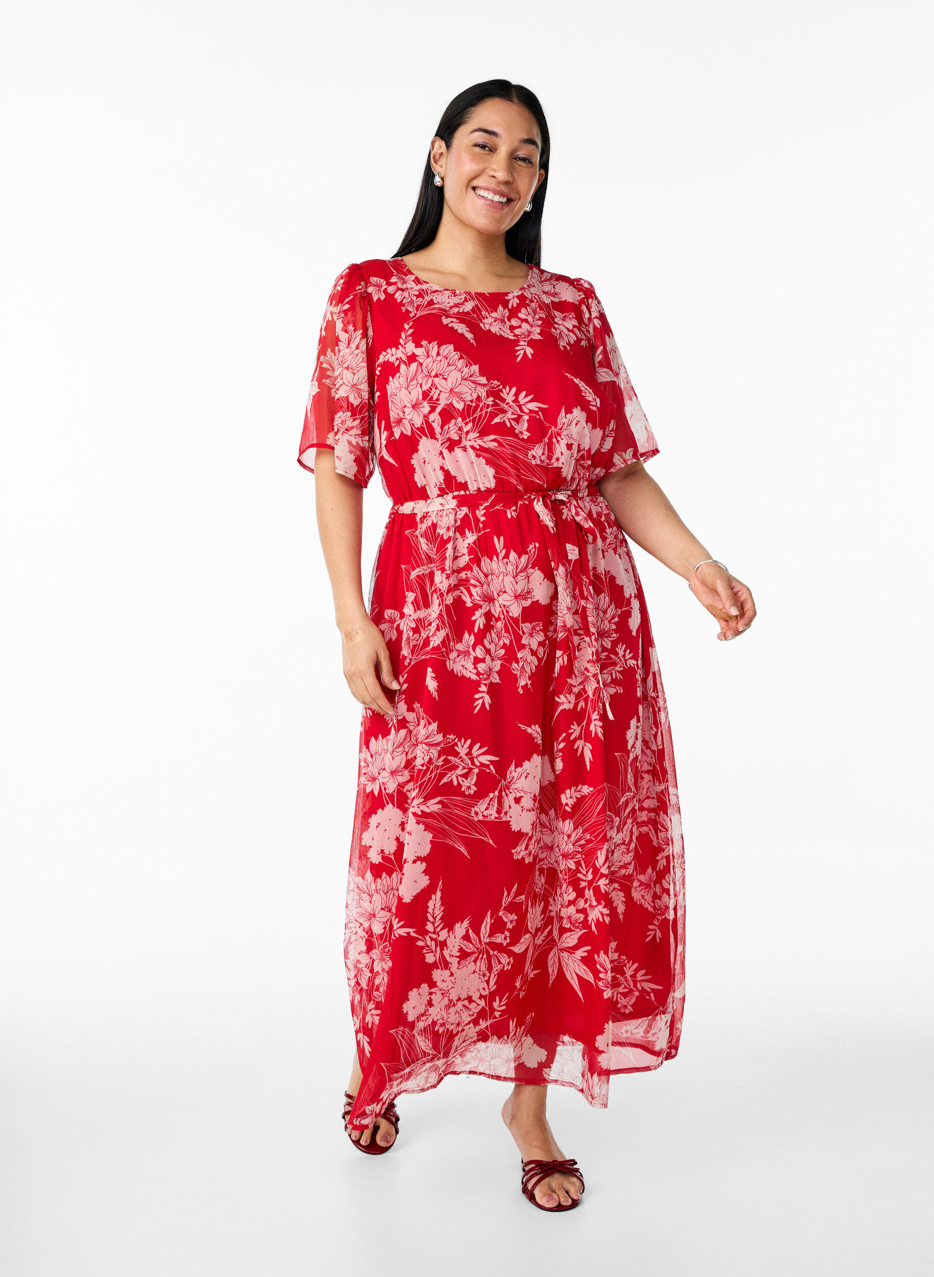 ZizziLange chiffon jurk met bloemenprint, Red Flower AOP, Model image number 0