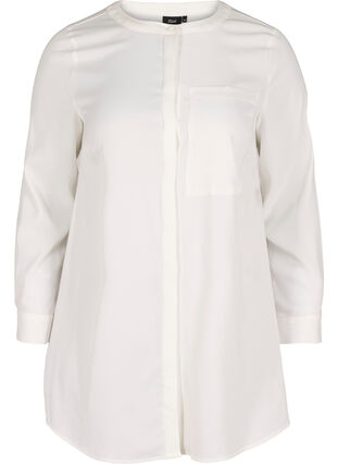 Lange blouse in effen kleur met borstzak, Warm Off-white, Packshot image number 0
