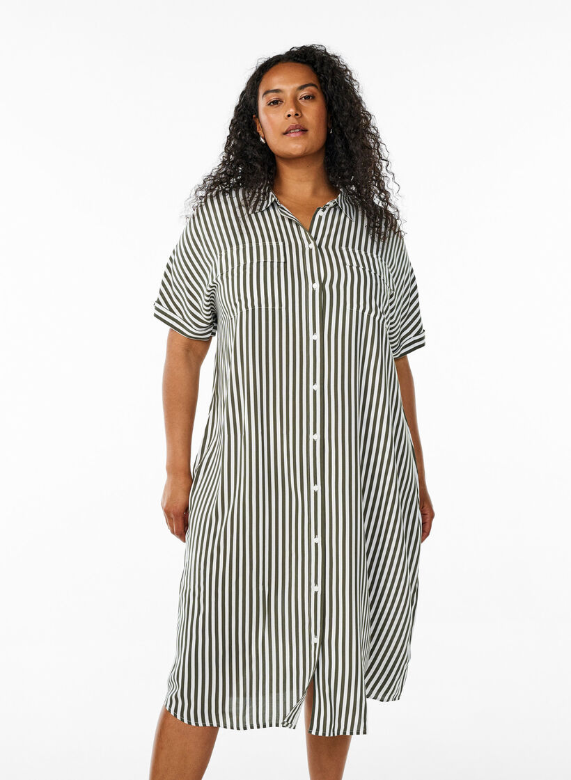 Robe chemise longue avec manches courtes, Vert, Model image number 0