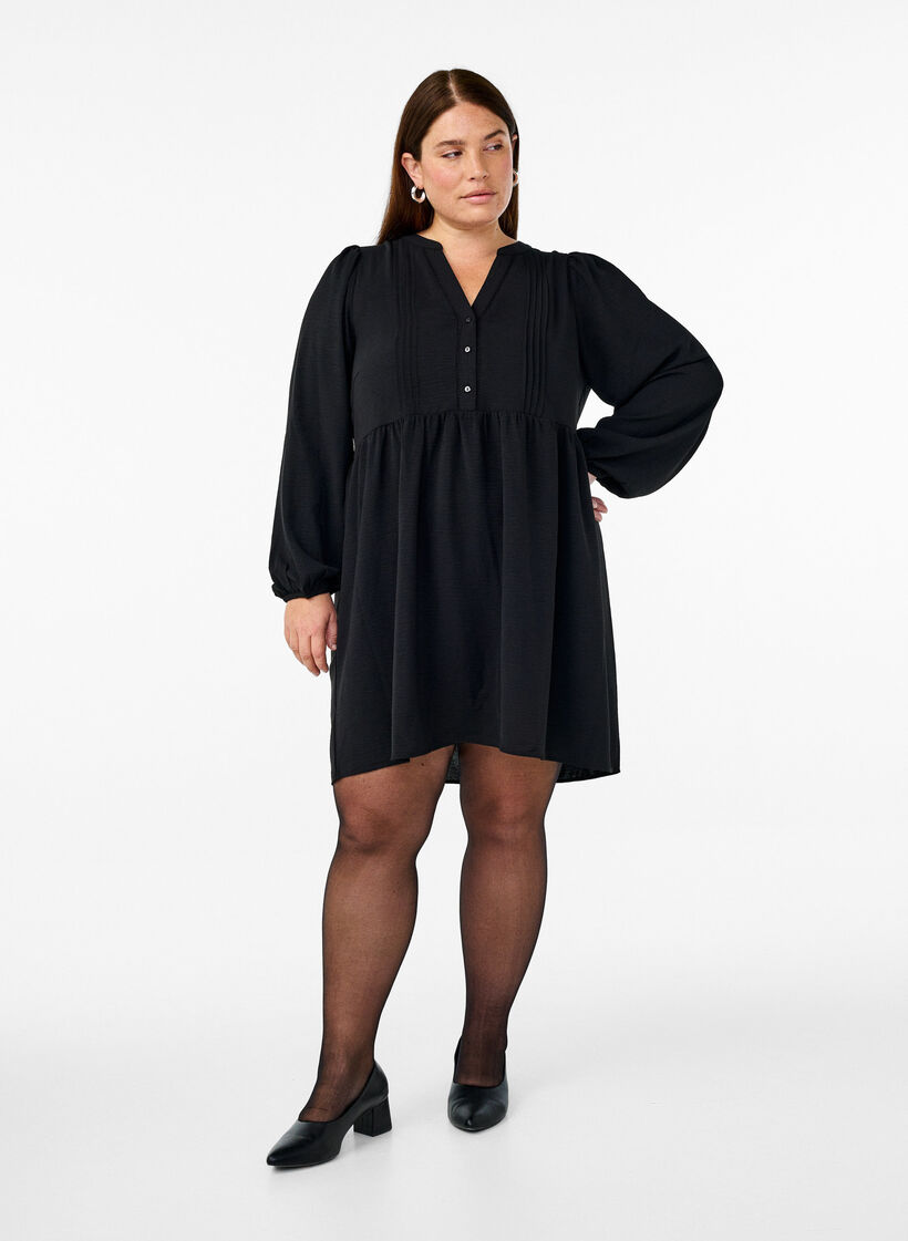 FLASH - Robe courte avec des plis et des manches longues, Noir, Model image number 1