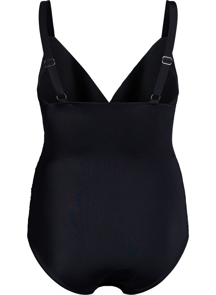 Maillot de bain avec d&eacute;collet&eacute; en V et d&eacute;tails en maille, Noir, Packshot image number 1