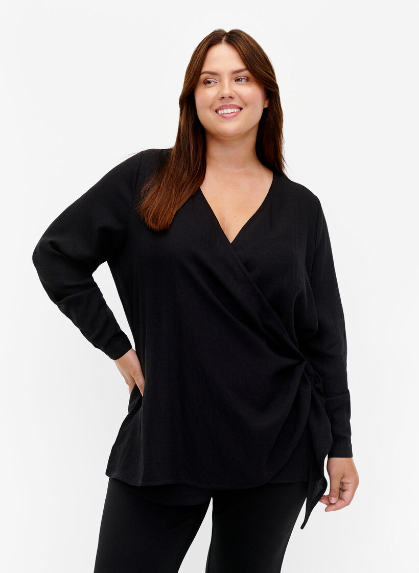 Blouse met lange mouwen in viscose met een wikkel-look, Black, Model image number 0