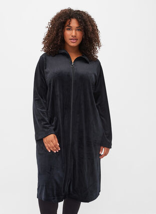 Robe de chambre en velours avec fermeture éclair, Black, Model image number 0