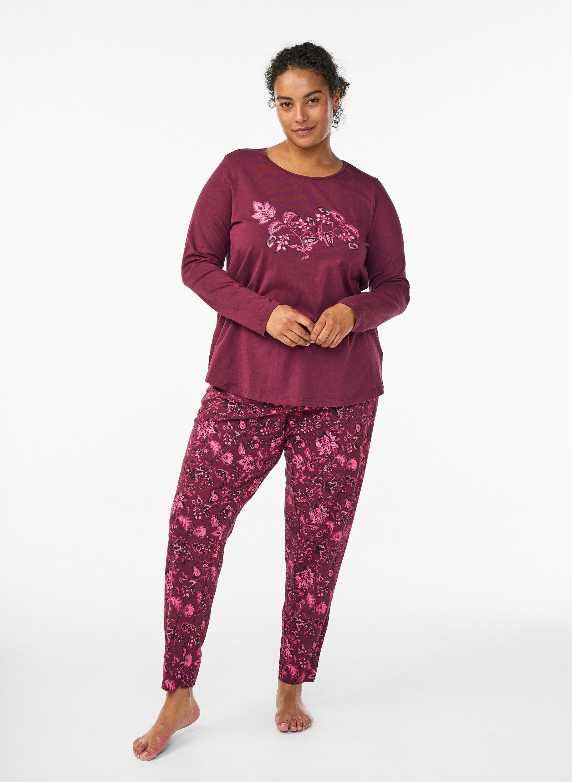 ZizziNacht top in katoen met print aan de voorkant, Donker Bordeaux, Model image number 1