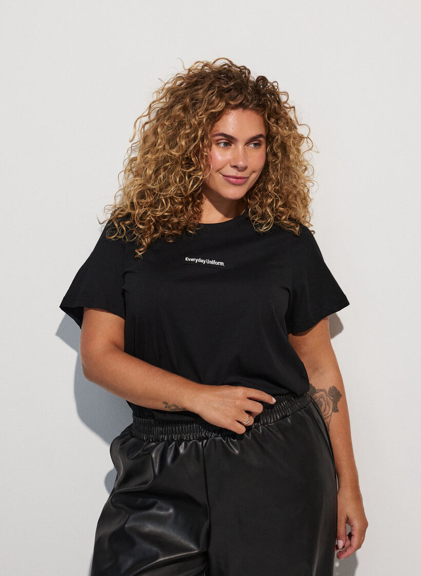T-shirt en coton avec badge texte, Noir, Model image number 0