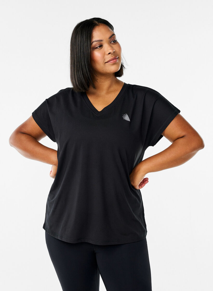 T-shirt de sport ample avec col en v, Noir, Model