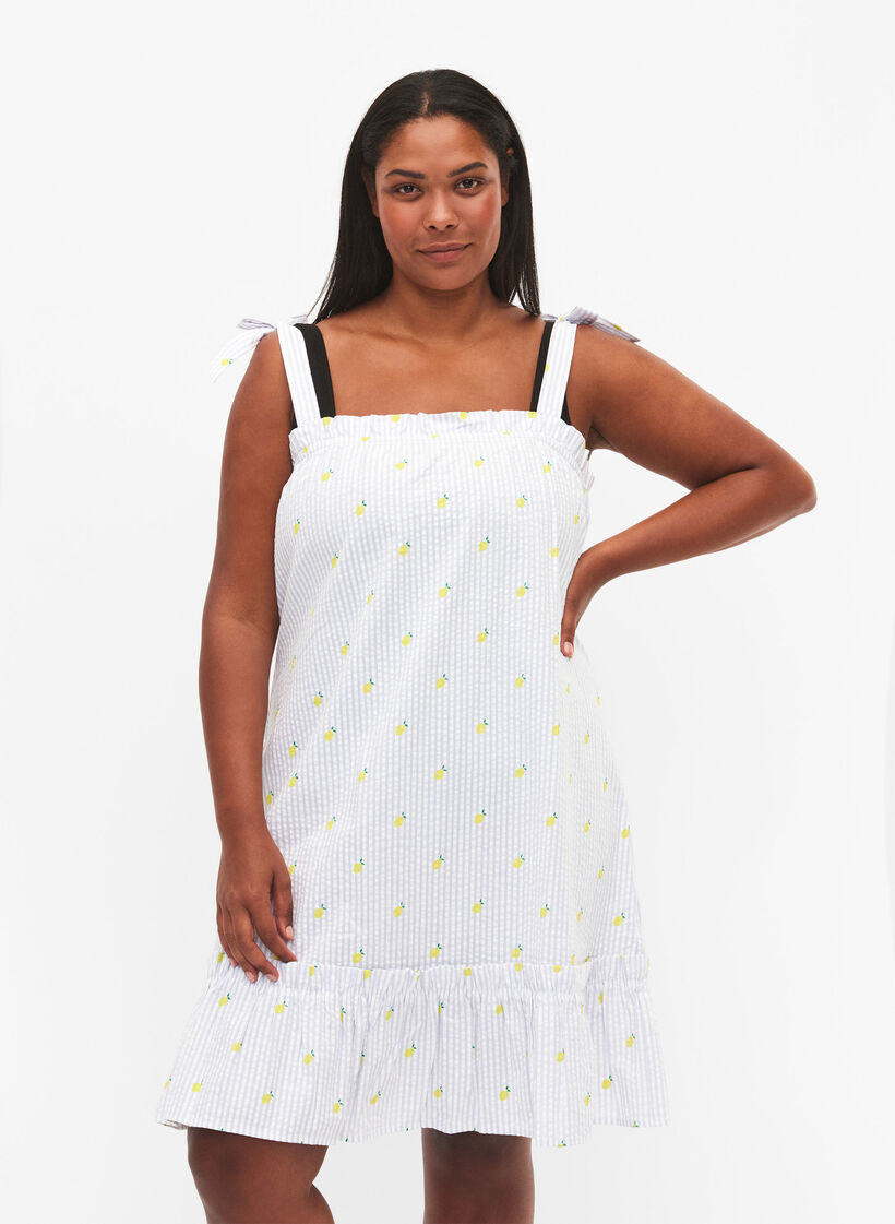 Strandjurk van katoen met strikbandjes, Lemon Print, Model image number 0