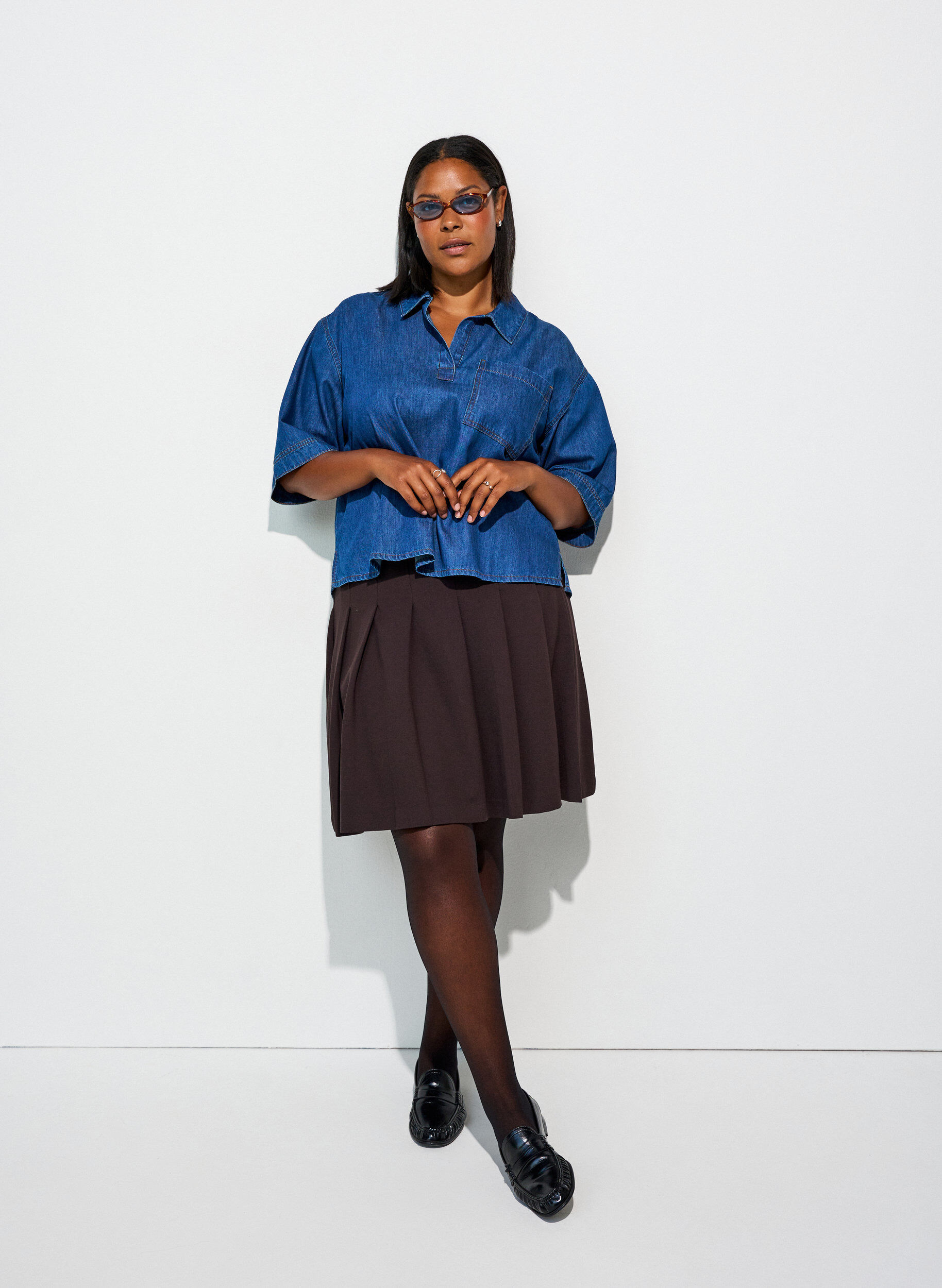 ZizziChemisier en jean avec poche poitrine et manches coude, Bleu, Model image number 1