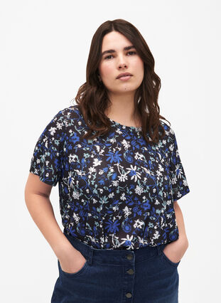 FLASH – T-shirt à imprimé floral, Black Blue Green AOP, Model image number 0
