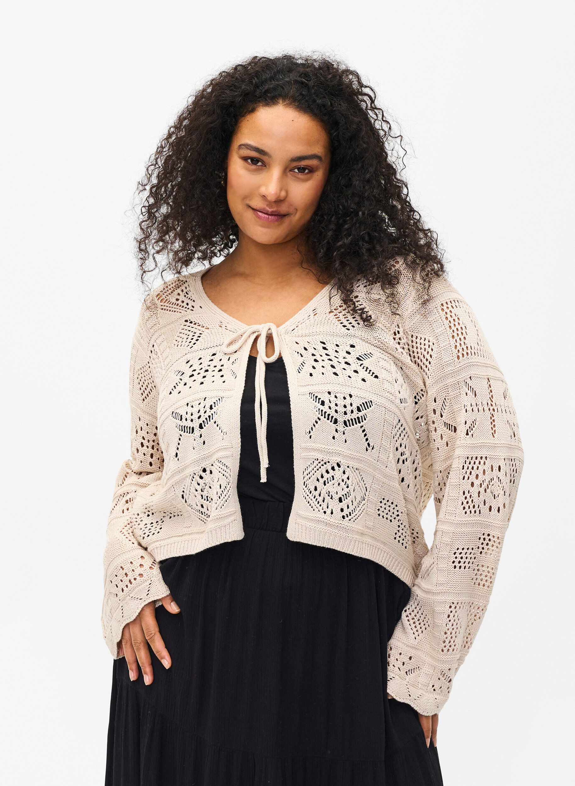 Zizzi Cardigan en tricot avec cordon, Pumice Stone, Model image number 0