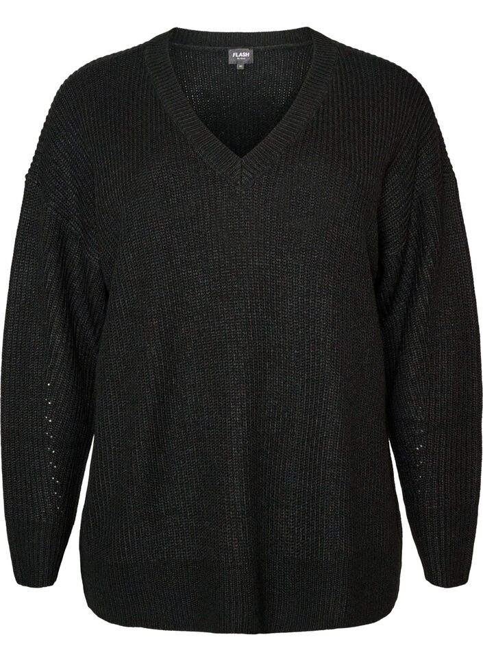 Blouse longue en maille c&ocirc;tel&eacute;e avec col en V, Noir, Packshot image number 0