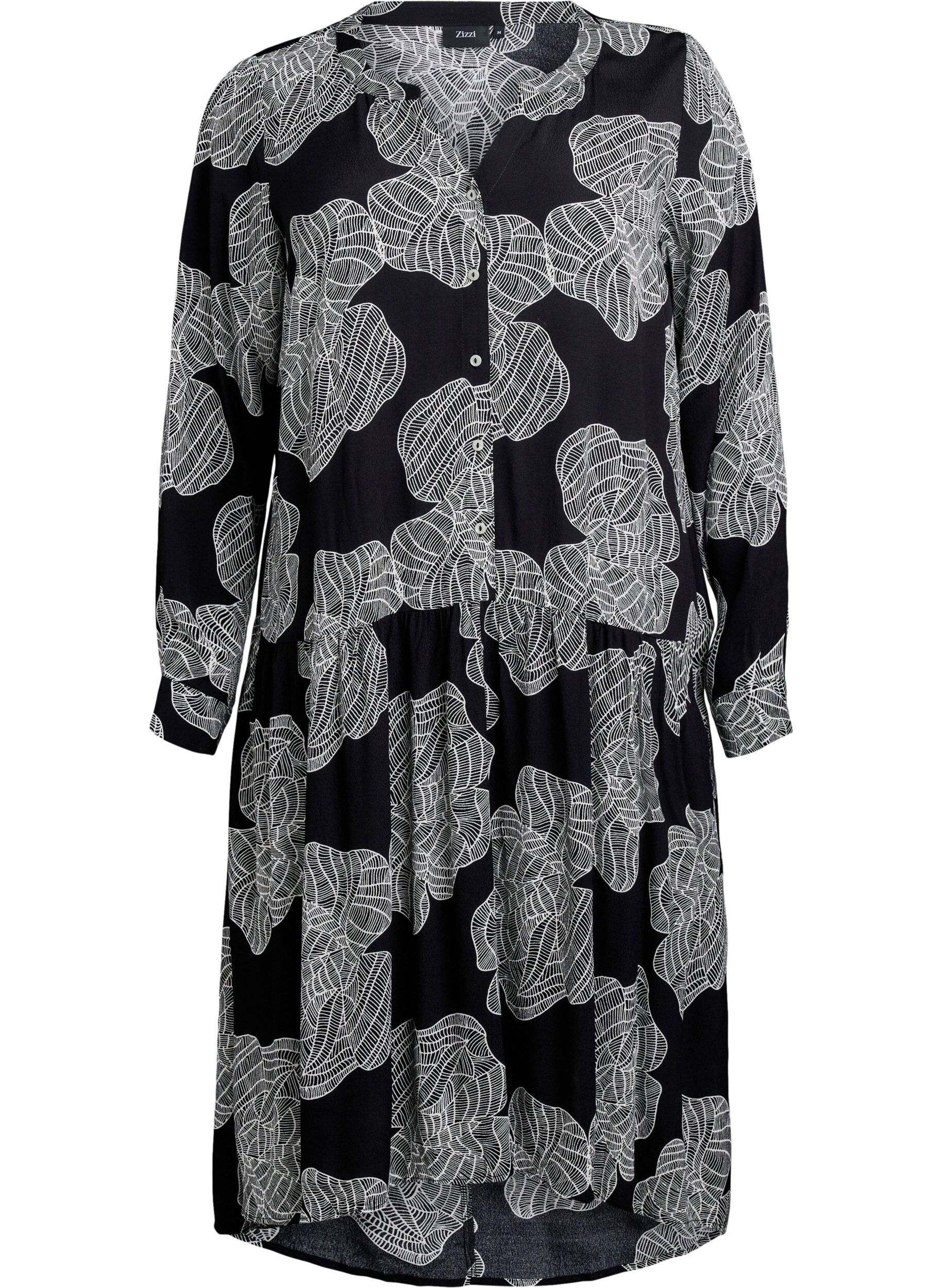 Zizzi Robe midi &agrave; manches longues en viscose imprim&eacute;e, Noir, Packshot image number 0