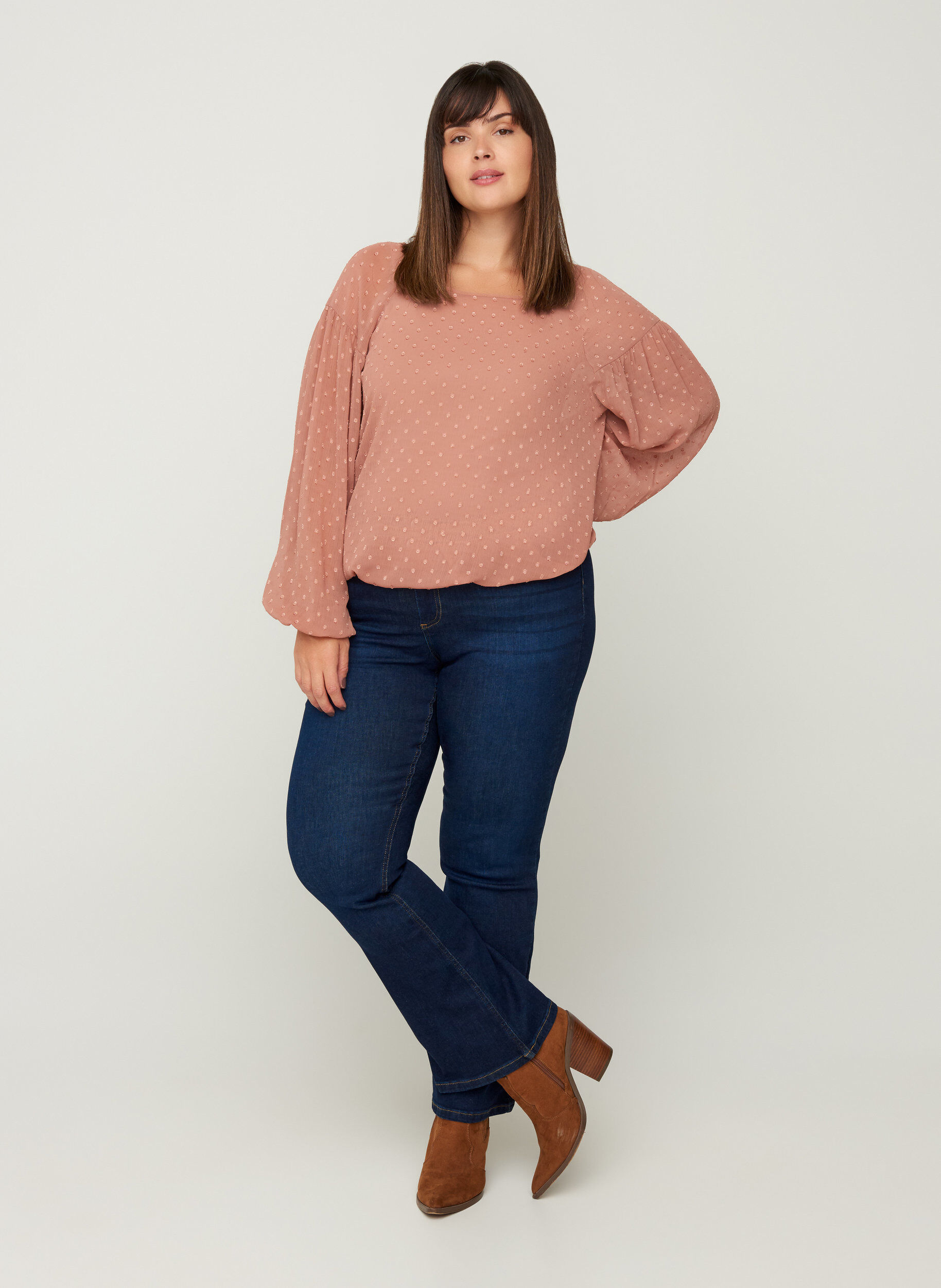 ZizziBlouse met lange mouwen en smokwerk, Burlwood, Model image number 3