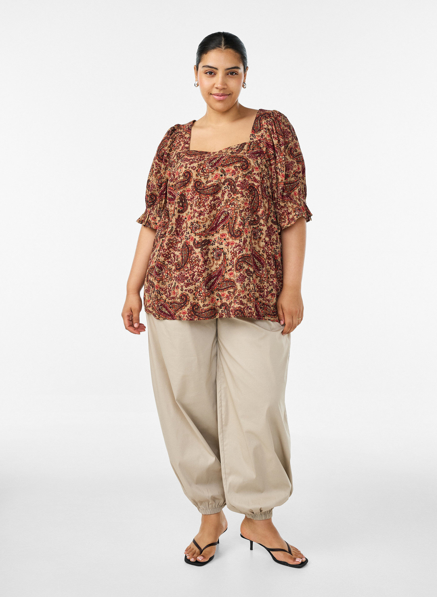 ZizziViscose blouse met paisleymotief en een vierkante halslijn, Bruin, Model image number 1