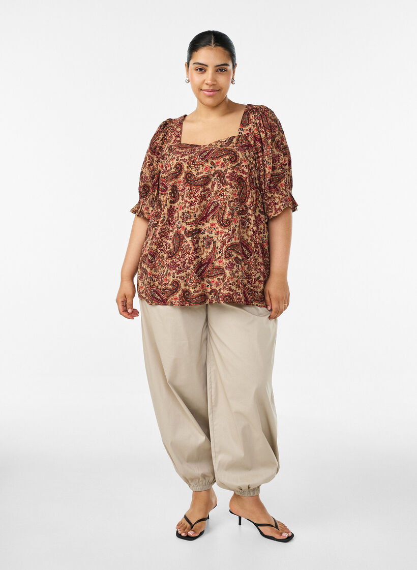 Viscose blouse met paisleymotief en een vierkante halslijn, Bruin, Model image number 1