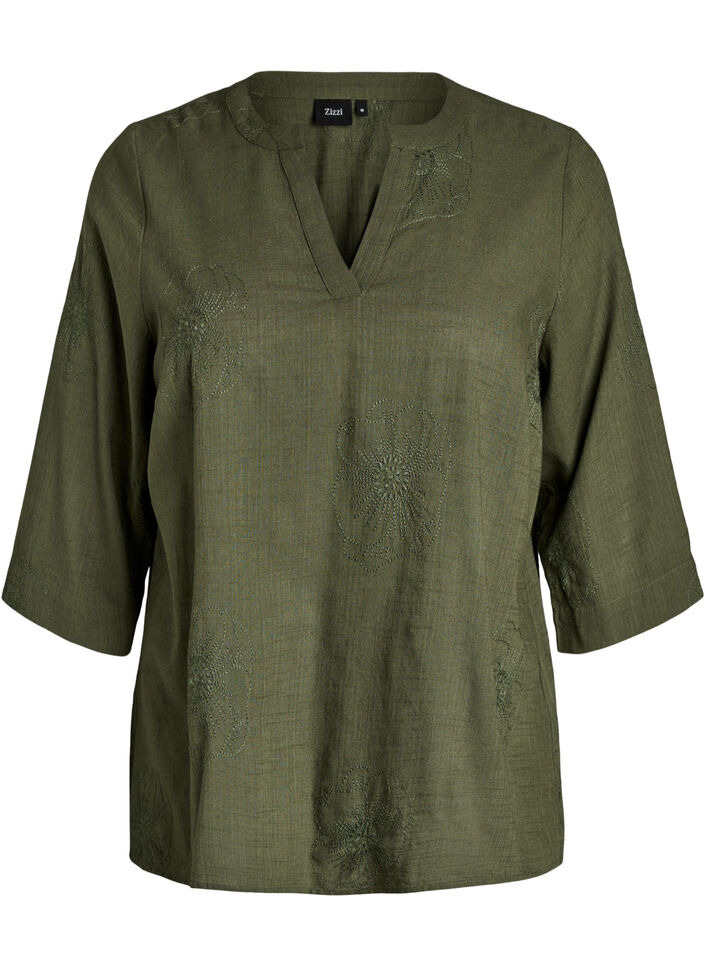 Katoenen blouse met geborduurde details en 3/4 mouwen, Groen, Packshot image number 0