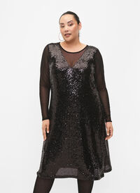 A-lijn jurk met pailletten en lange mouwen, Black, Model
