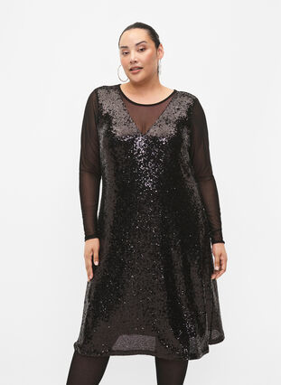 A-lijn jurk met pailletten en lange mouwen, Black, Model image number 0