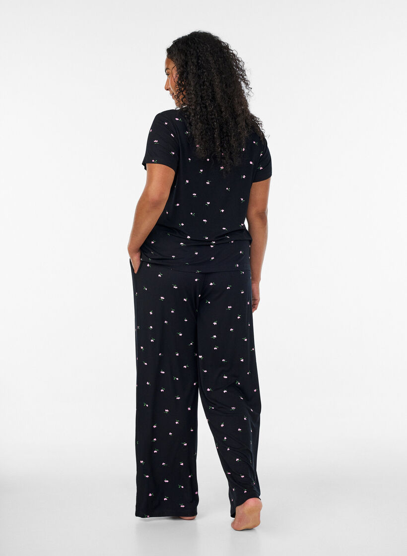 Pyjamabroek met geribde textuur en bloemenprint, Zwart, Model image number 2